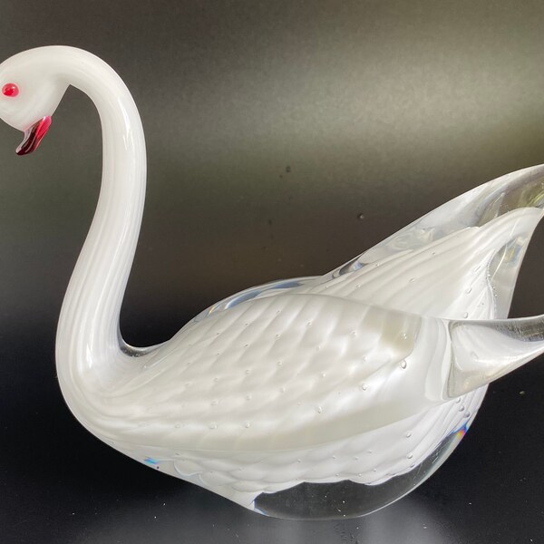 FM KONSTGLAS Marcolin Ronneby Cased Sweden SWAN Bird Cased Art Glass White Feathers Paperweight Sculpture Scandinavian