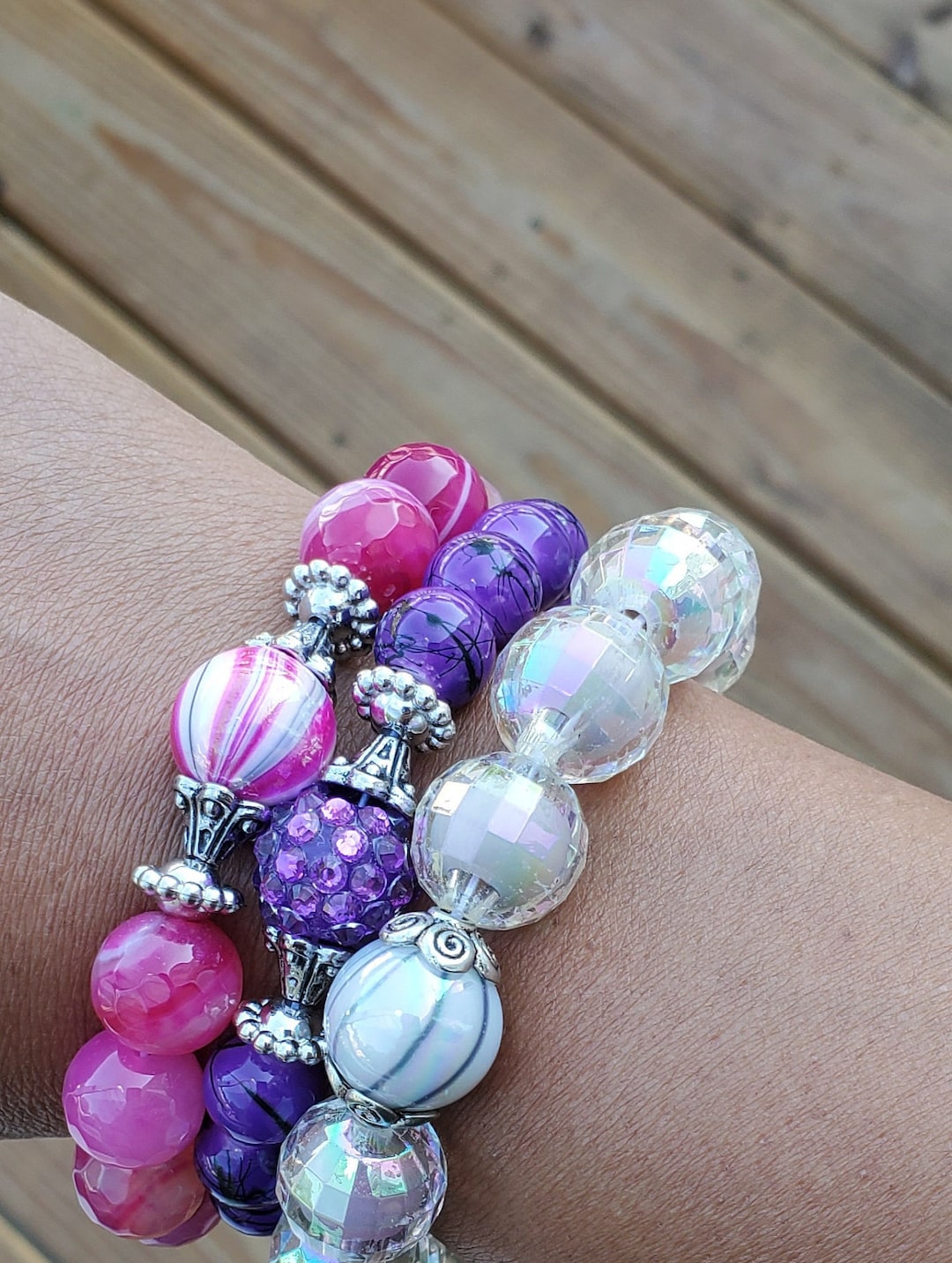 The Trio... Platinum Pink Purple Bead Bracelet - Etsy