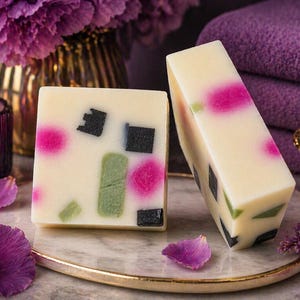 Puede incluir: Dos barras de jabón artesanal con base blanco crema, decoradas con detalles rosas, verdes y negros. Los jabones se exhiben en una bandeja de mármol, rodeados de flores moradas, una vela encendida y toallas moradas.