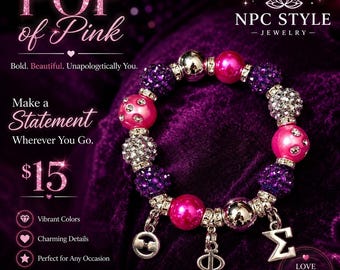 May include: A beaded bracelet featuring alternating purple glitter beads, smooth hot pink beads, and silver-toned metallic beads, accented with silver rhinestone spacers. Three silver-toned charms hang from the bracelet, including a Greek letter Sigma.