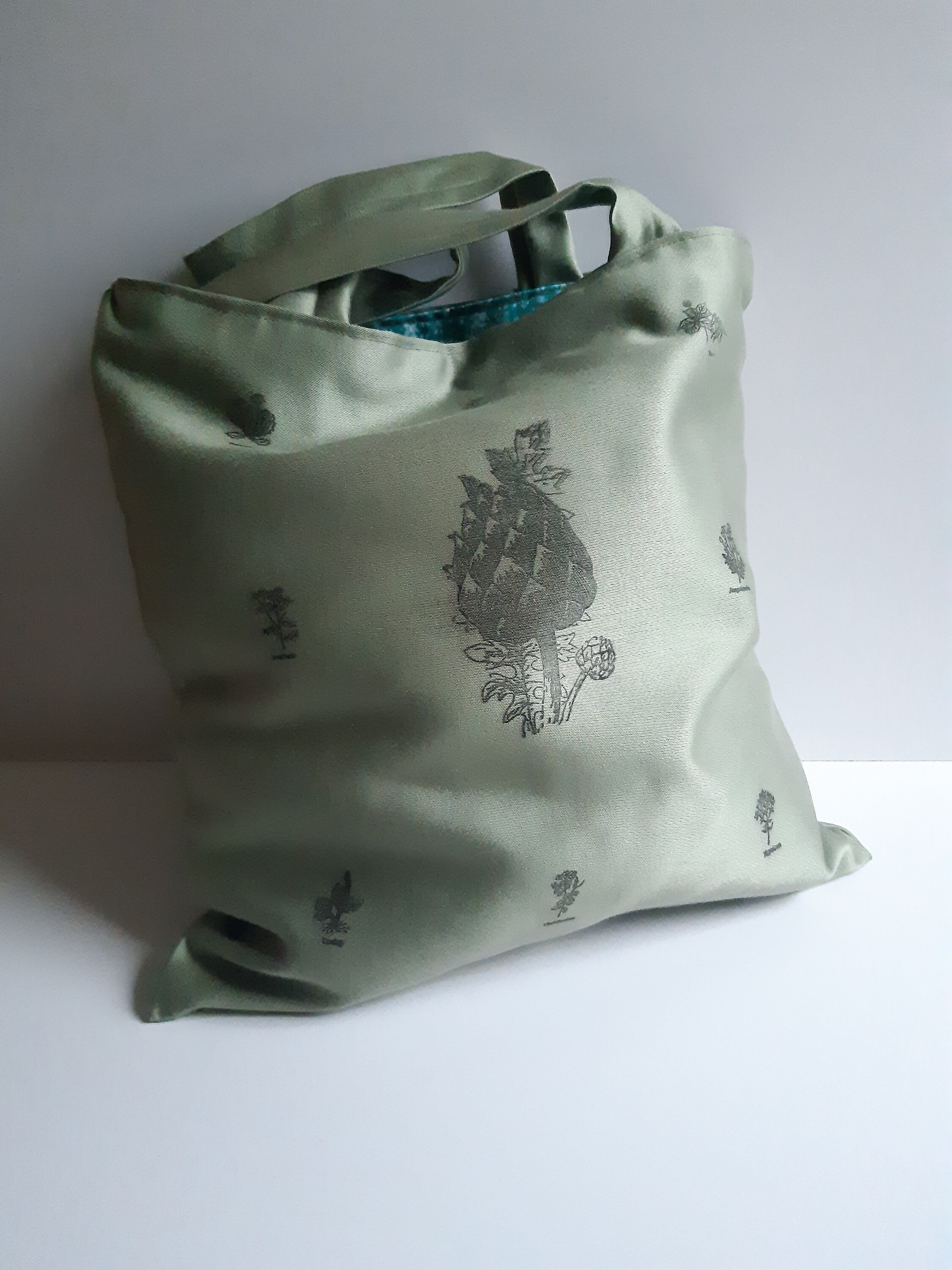 Sac Cabas Totebag en Tissu Vert Impréssion Plantes Artichaut Echinacée Pissenlit Chélidoine Milleper