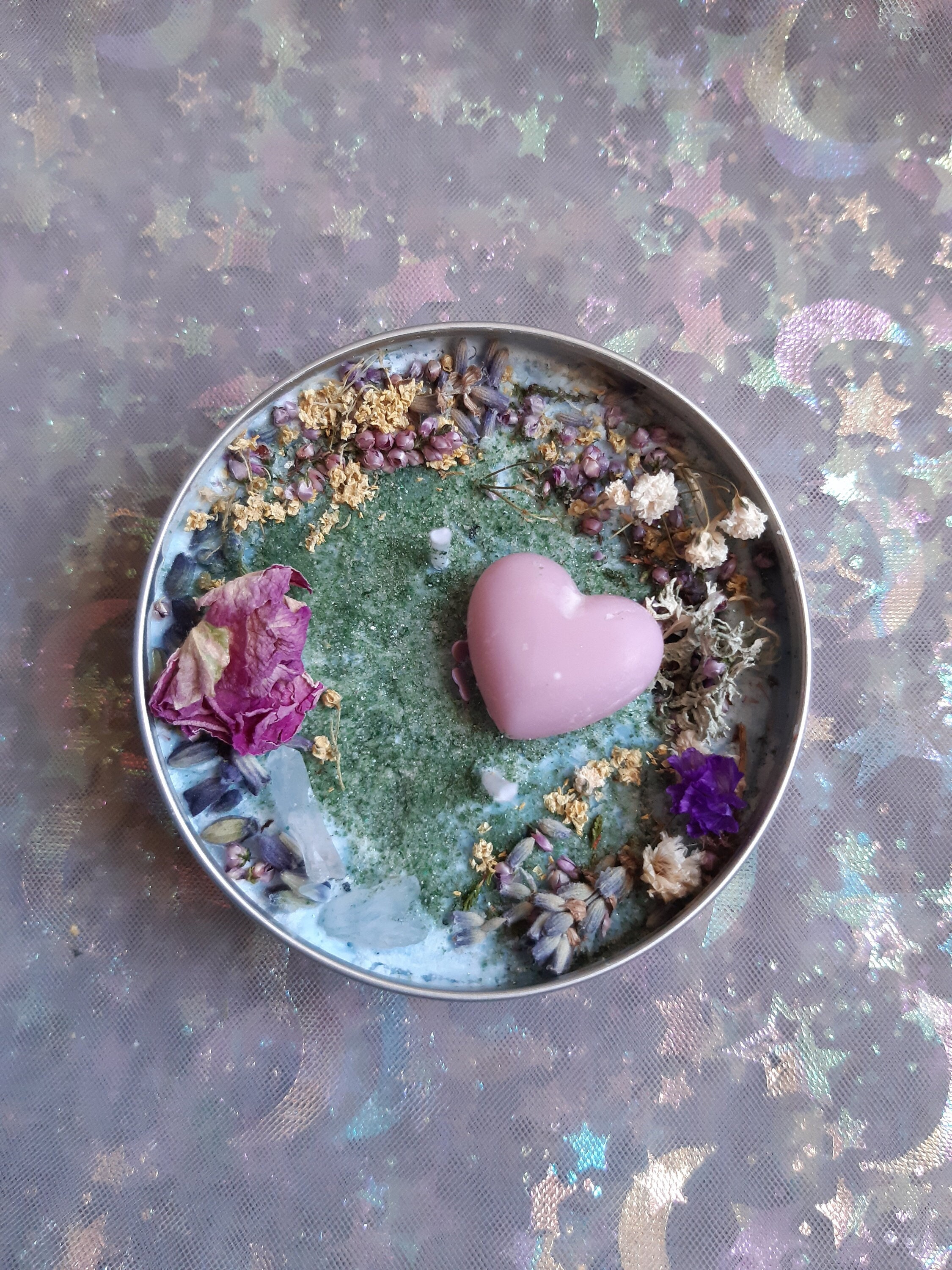 Bougie Végétale Fleurie Parfumée Fleurs Séchées Minérauxcristal de Roche Fuchsite Bruyère Lavande Ro