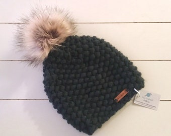 Hand Knit Peruvian Wool Beanie: Chunky Winter Hat with Faux Fur Pom