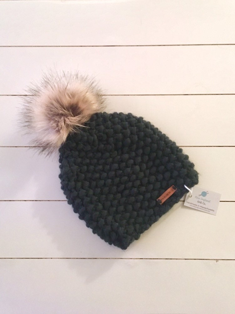 Hand Knit Hat with Faux Fur Pom Pom Alpaca Wool Hat Chunky Beanie Hat Knitted Hat Women/'s Hat winter Hat