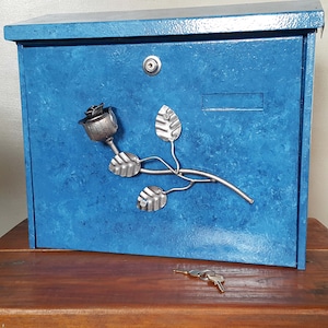 Unique Mailbox Color Turquoise+Silver Rose,Wall Mounted Letterbox,Handmade,MetalArt,Forged Steel Flower,Craft Work,MetalArtGallery,