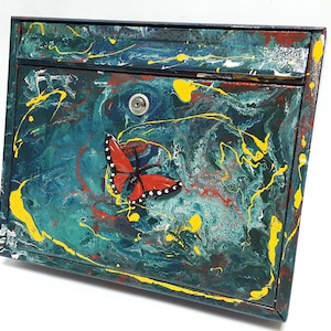 Red Butterfly Between Meadow and Sky,Artistic Mailbox Metal 3 D Wall Mount Mailbox,Metal Art Gallery,Handmade Letterbox,Hand Painted Mailbox