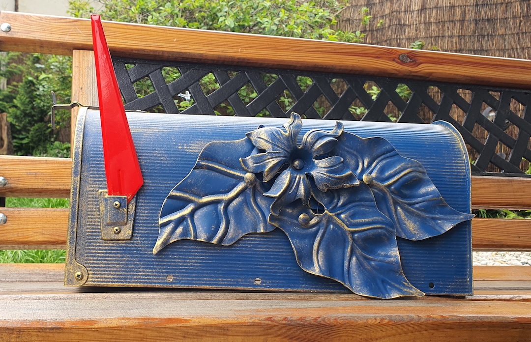 Navy Blue and Gold Mailbox Post Mount,handmade Steel Flower,art