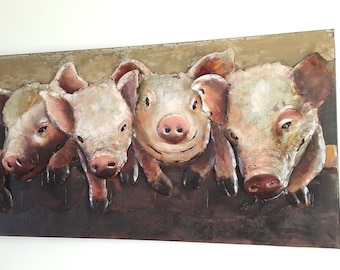 Pigs Metal Wall Decor Art Sculpture ,Farm House,Butcher Shop,Metal 3 D Painting 4 Pigs,Piglets,Metal Wall Home Decor 47"x24",Grand Art