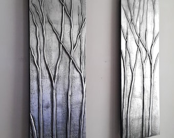 Moderne 3 D inspiré par la nature Aluminium / Bois Art Art Décor, Arbre en métal sur bois, Diptyque 38 « x26 » Galerie d’art en métal, Sculpture faite à la main