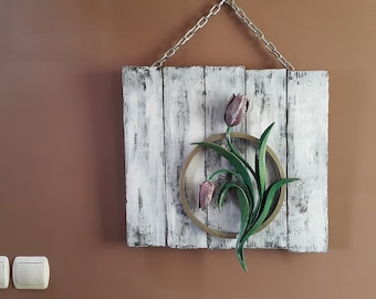 Tulips Steel Wall Art Sculpture ,Forged Steel Tulips on Wood,Irone Rosette49cmx49cm,Handpainted,Metal Decor,hand forged flower,Craft Work