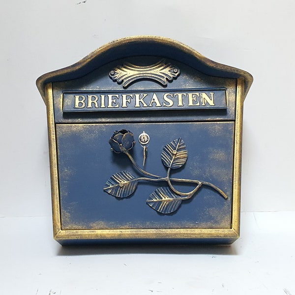 Stunning  Mailbox Wall Mount With A Forged Rose ,Color Navy Blue And Gold,Locked Letterbox,Metal Art Gallery,Briefkasten,Postkasten