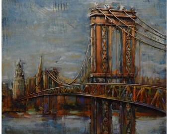 Pont de Brooklyn à New York, sculpture d'art mural, art mural 3D, peinture 3D, pont de peinture en métal, décoration d'intérieur en métal 32 x 32 pouces, grand art moderne