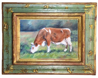 Original oil painting, grazing cow, wall art, grass, meadow, farm, animals, agriculture, classic, impressionism,