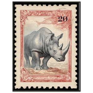 Framed Rhino Postage Stamp Poster - Endangered Animals Collection - Eco-Friendly Art Print