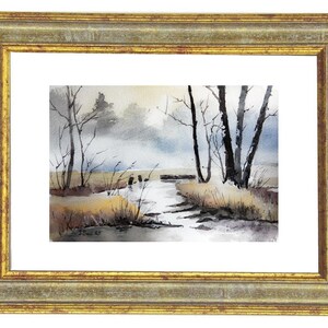 Original watercolor, felt, art, hand-painted, small format, trees, water,