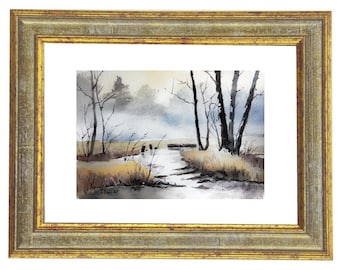 Original watercolor, felt, art, hand-painted, small format, trees, water,