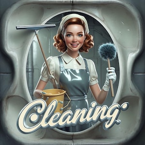 Cleaning, Clipart, Logo, Cartoon Logo Of Cheerful Woman Cleaning
