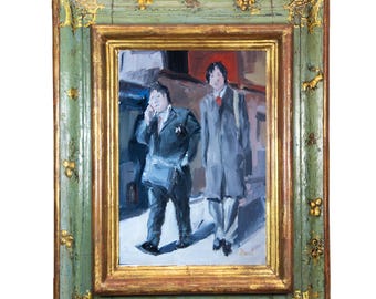 Passers-by, original oil painting, oil painting, street, men, street scene, painting, hand-painted, miniature,