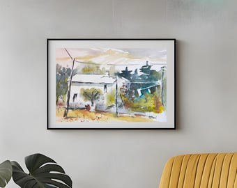 Farmstead in Italy, watercolor, painting, art, original watercolor