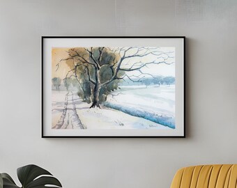 Path in winter, original watercolor, watercolor, snowy, tree, stream,