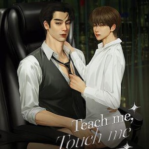 Puede incluir: Ilustración de dos figuras en un abrazo romántico. Una figura, con camisa blanca y chaleco, está sentada, mientras que la otra, con camisa blanca, se ajusta la corbata. Se muestra el texto "Teach me, Touch me".