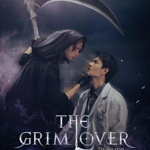 May include: A promotional image for "The Grim Lover" featuring two individuals. One, cloaked in black, holds a scythe. The other, in a lab coat, is being touched on the neck. The title is displayed in silver lettering.