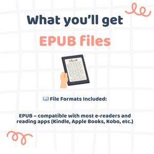 May include: Image with text "What you'll get EPUB files." An ebook reader displays text, held by a hand. Text below reads "File Formats Included: EPUB - compatible with most e-readers and reading apps (Kindle, Apple Books, Kobo, etc.)"