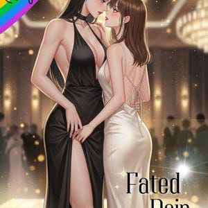 Puede incluir: Ilustración digital de dos mujeres con vestidos de noche. Una lleva un vestido negro con una abertura alta, la otra un vestido blanco. La imagen incluye el texto "Fated Pair" y "English Version" con un degradado arcoíris.