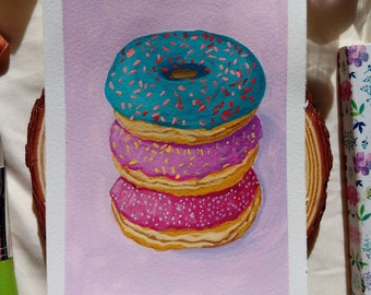 ドーナツ、ドーナツ、アクリル絵の具、キッチンの絵、お菓子、手描きの