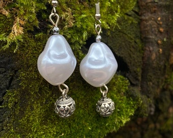 Faux Pearl earrings, Asian style earrings, Silver Beads and Pearls