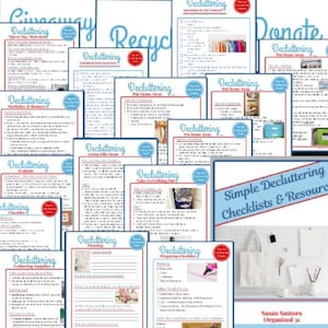 May include: A collection of printable decluttering checklists and resources. The pages feature titles like "Decluttering," "Recycle," and "Donate." The color scheme includes blue, red, and white. The text "Simple Decluttering Checklists & Resources" is visible.
