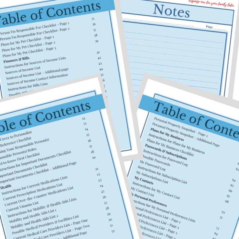 Images of workbook pages in blue, black and white