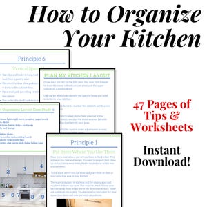 May include: A digital download titled "How to Organise Your Kitchen" with 47 pages of tips and worksheets. The image includes text about kitchen organisation principles and layout planning, with an instant download option.
