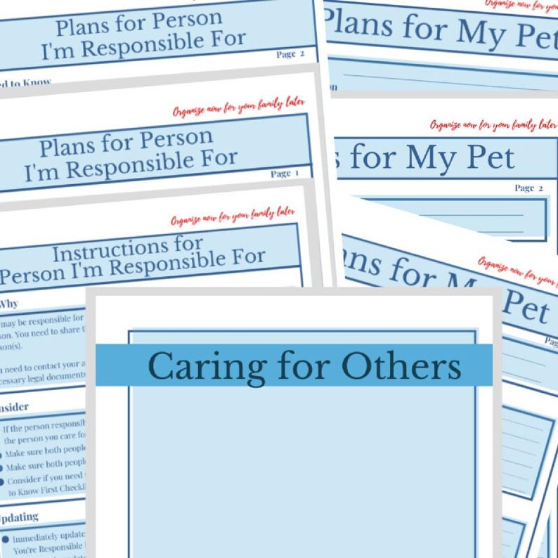 Images of workbook pages in blue, black and white