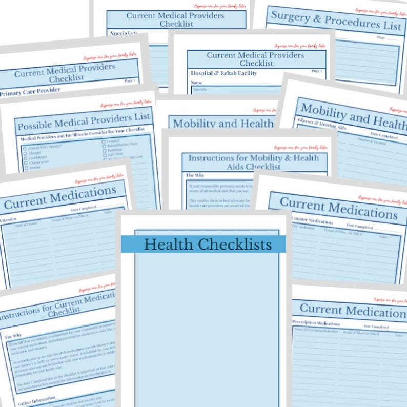 Images of workbook pages in blue, black and white