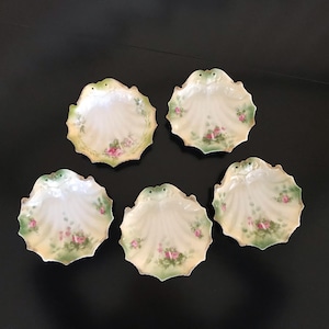 Set of 5 Antique Dainty Porcelain Shell Dishes with Pink and White Roses