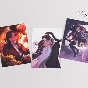 May include: Three different art prints featuring anime-style characters. The first print shows a man with long black hair in a red and black outfit sitting in a field of tall grass with a fiery orange background. The second print shows two men embracing, one with long black hair and the other with long brown hair. The third print shows two women in colorful costumes flying on a crescent moon with a purple background. The text "purpur Night" is in the top right corner of the image.
