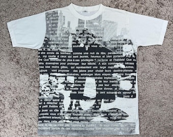 ヴィンテージアートフォトコラージュグラフィックフレンチTシャツ サイズL/フォトTシャツ/レア/文字/アート