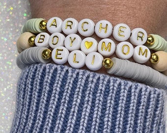 Boy mom heishi bracelet, boy mom gift, boy mom bracelet stack, custom word bracelet, mama beaded bracelet, Personalized Bracelet