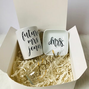 Bride gift box set , engagement gift box, future mrs gift set, bride mug champagne flute ring dish, congratulations gift box set for bride