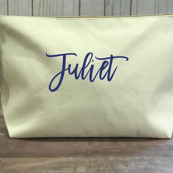 Large Personalized Natural Canvas Makeup Bag for Bridesmaids, Large Neutral Cosmetic Bag, Bachelorette Party Favors, Wedding Gift For Bride