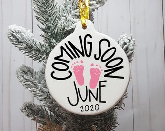 Coming Soon Christmas Pregnancy Announcement Ornament, Pregnancy Reveal Ornament, Baby to Be Christmas Ornament, Baby Foot Print Ornament