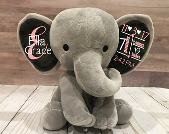 Baby Girl Birth Stat Elephant, Birth Announcement Elephant, Personalized Elephant, Birth Stat Stuffed Elephant, Newborn Keepsake Elephant