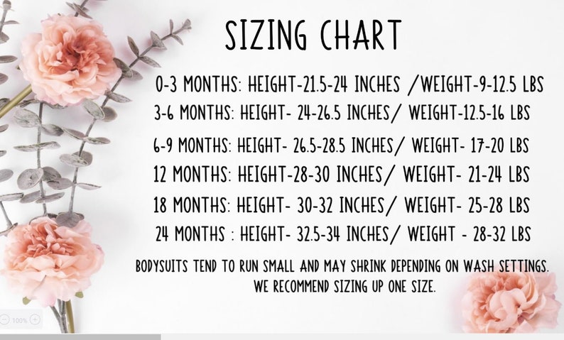 Pode incluir: Tabela de tamanhos para roupas de beb&ecirc;, mostrando as faixas de altura e peso para diferentes idades, de 0 a 3 meses a 24 meses. A tabela recomenda escolher um tamanho maior, pois os bodies tendem a ser pequenos.