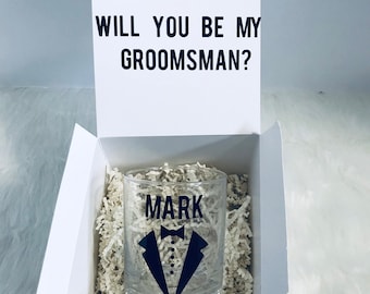 Groomsman whiskey glass set, groomsmen proposal, best man proposal, personalized name whiskey glass- groomsmen gift ideas, suit up groomsmen