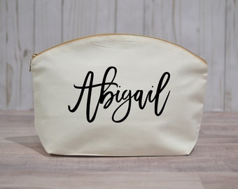 Large personalized  curved natural canvas makeup bag, large natural cosmetic bag, bridesmaid gift, customized makeup bag, bridesmaid gift