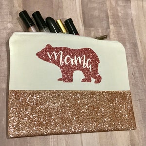Rose Gold Glitter Mama Bear Makeup Bag, Rose Gold Glitter Mama Bear Cosmetic Bag, Rose Gold Glitter Makeup Bag, Mother&#39;s Day Gift, Gold Bag