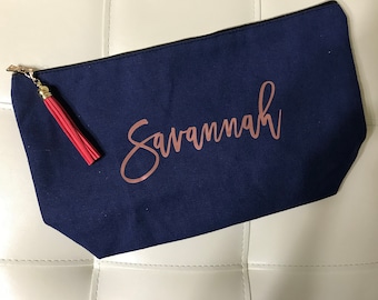 Large Personalized  Navy Canvas Makeup Bag, Large Navy Cosmetic Bag, Bridesmaid Gift, Bridesmaid Ideas, Blue Personalized Cosmetic Bag