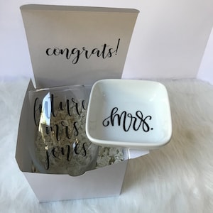 Bride gift box set, future mrs box set, personalized bride wine gift set, future mrs wine ring dish set, bride box, bride engagement gift