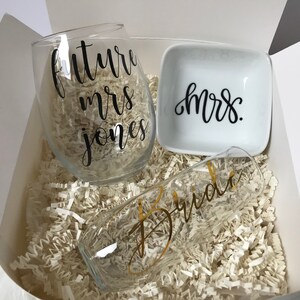 Bride gift box set , engagement gift box, future mrs gift set, bride glass,champagne flute ring dish, congratulations gift box set for bride